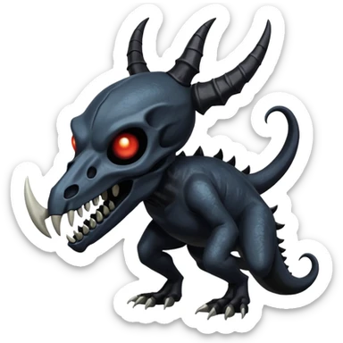 Shiny Dark Edgy  Duskull-Salandit-Inteleon-Amaura-Fakémon-hybrid-creature (full body) with a horned animal-skull-mask sticker