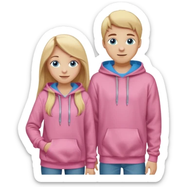 full-length happy couple, girl with long blonde hair and blue eyes in pink hoodie, boy with brown hair in gray hoodie sticker