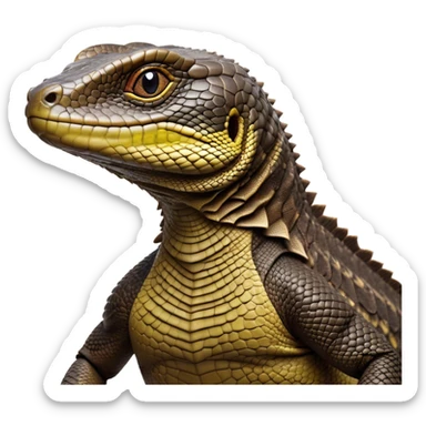 Cinematic Realistic Noble Monitor Lizard Portrait Emoji, Poised and imposing, with a robust, muscular build and a rugged, intricately scaled hide in natural olive and dark brown tones, a sharply defined head with intense, observant eyes, rendered with lifelike detail and authentic texture, high shine, intelligent and formidable, styled with an air of desert authority, focused and attentive, soft glowing outline, capturing the essence of a watchful and confident monitor lizard that appears ready to stride out of the screen with effortless power! sticker