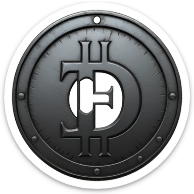 Minimal emoji, gothic metal coin made of black steel, engraved number f at the center, ancient industrial aesthetic, worn metal texture, no glow, no neon, flat emoji design, centered, transparent background sticker