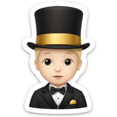 a baby in a black top hat with a gold stripe sticker