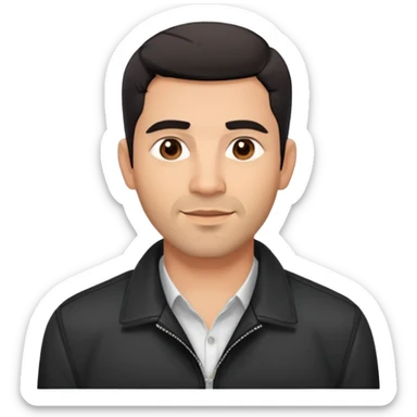 Slightly older attractive broad-shouldered Hispanic TV presenter, light brown complexion, square face with defined jawline, short black hair with clear fade haircut, light scruff facial hair, friendly expression, unbuttoned black jacket with white shirt sticker