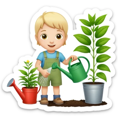 child watering plants with a watering can, cheerful and green sticker