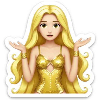Hera from Lore Olympus with long gold hair, gold sequin outfit sticker