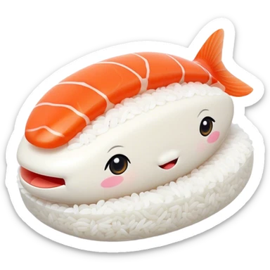Cute Kawaii Nigiri Sushi, plump and happy, a soft white rice pillow topped with bright orange salmon, tiny blushing cheeks, big round eyes, a joyful floating expression! sticker