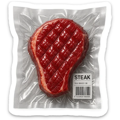 diamond-textured meat steak, shiny and inflated, vacuum-sealed style sticker