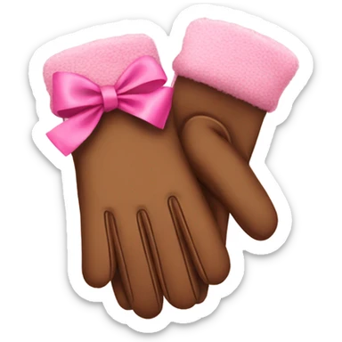 Brown winter gloves with a pink bow sticker