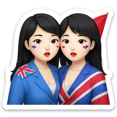 Korean lesbians, kisses and Let them both have black hair, kiss each other, have a lesbian flag on their cheeks, be sweet, dress openly, have open waists  sticker