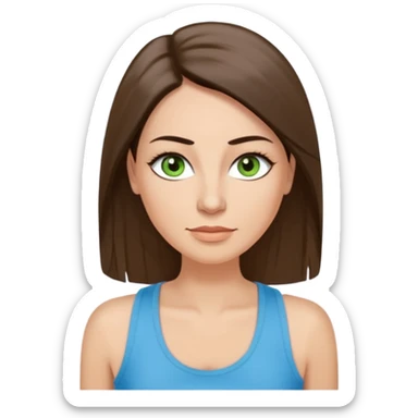 43 year old Adult woman avatar, light skin tone, long, oval face, long straight ashy brown hair, green almond-shaped eyes with dramatic eyelashes and minimal eyeliner, neutral mouth, medium straight eyebrows, small nose, smooth skin, sky blue tank top sticker
