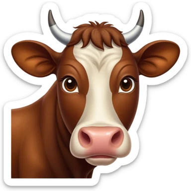Cinematic Noble Brown Cow Portrait Emoji, Poised and regal, with a large, sturdy build and a smooth, well-groomed deep brown hide, deep-set soulful brown eyes, Simplified yet sharp and sophisticated features, highly detailed, glowing with a soft, dignified glow, high shine, intelligent and calm, stylized with an air of pastoral majesty, focused and attentive, soft glowing outline, capturing the essence of a watchful and confident bovine guardian, so majestic it feels as though it could amble out of the screen with effortless authority! sticker