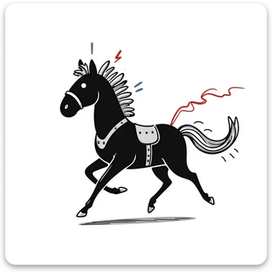 Fast running electric horse constructed from metal plates, bolts, blue and red wires, with electricity and lightning coursing through its body sticker