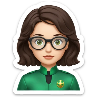 green Power Ranger suit, white Australian female with dark brown wavy hair in a side parting, glasses, thinking emoji pose sticker
