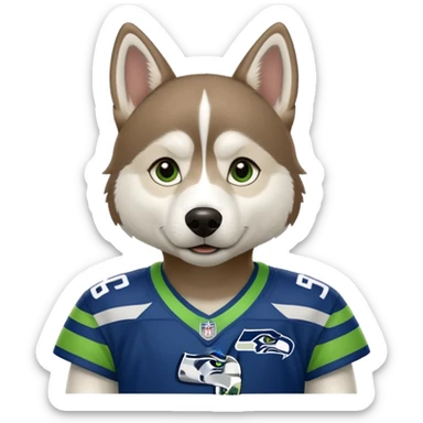 White brown husky with Seattle Seahawks gear sticker