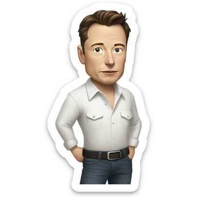 A portrait of Elon Musk with a thoughtful expression, wearing a casual outfit such as a white shirt and dark jeans, with a few strands of hair falling across his forehead. sticker