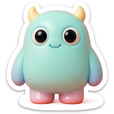 cute monster with round body, big eyes, small horns, pastel colors, toy-like sticker