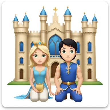Man as prince, upright, black Hair, blue eyes, woman, blonde, green eyes, shott white sleveless Dress, kneeling, background palace sticker
