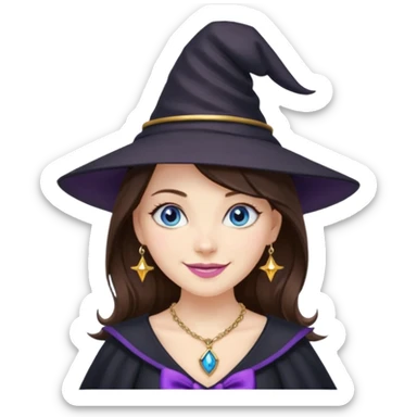 Witchy brunette haired blue eyed white girl with a witty smile a gold necklace and a black witch hat with a purple bow sticker
