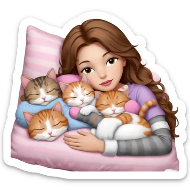girl with long wavy brown hair, brown eyes, long lashes makeup, sexy pink lips, light to medium complexion,  sleeping on a cozy pillow, with 6 cats: 1 brown and white tabby cat, 1 ginger and white, 2 grey and white, 1 grey has white mittens and small white patch on its chest and 1 calico, sleeping sticker