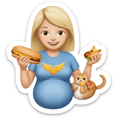 Pregnant person with downsyndrome flying on a cat while eating a cheese burger sticker