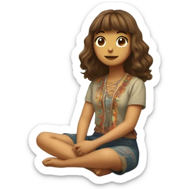 Girl with shoulder length wavy brown hair with bangs in hippie clothing  mediating by lake with trees  sticker