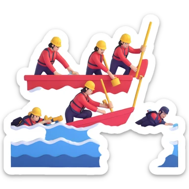 Team of marine geologists struggling to retrieve core samples in rough stormy ocean waves sticker