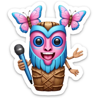 Cartoon Blue and pink tiki singing with butterfly and in the mikrophone sticker