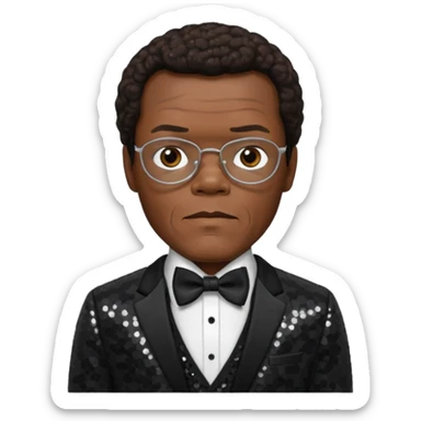  Samuel L Jackson with dark brown hair, black sequin suit with bow tie sticker
