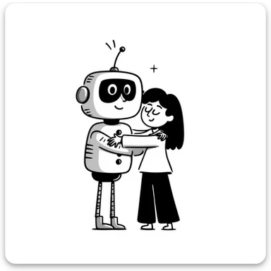 robot hugging human, hand-drawn doodle style sticker