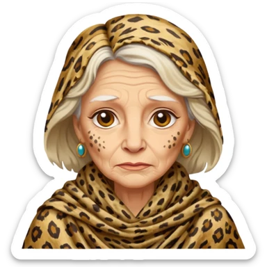 ancient white woman, tattered leopard skin shawl sticker