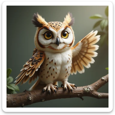 realistic owl perched on a branch, smiling and making the saranghae sign with one wing, detailed and naturalistic style sticker