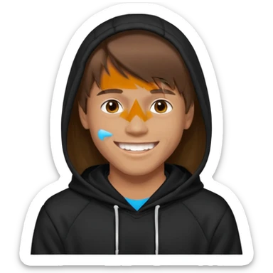 20 yr old man, brown hair, straight, big smile, white teeth, tanned skin, bangs, black hooded sweatshirt, long hair in back, middle parted bangs sticker