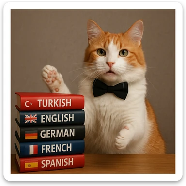 A Turkish cat with a stack of language books, wearing a bow tie, gesturing as if explaining something sticker