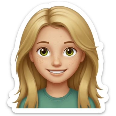 A smiling young girl with long dirty blonde hair and hazel green eyes sticker