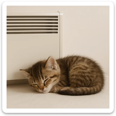 cute sleeping kitten next to a heater panel, white background sticker