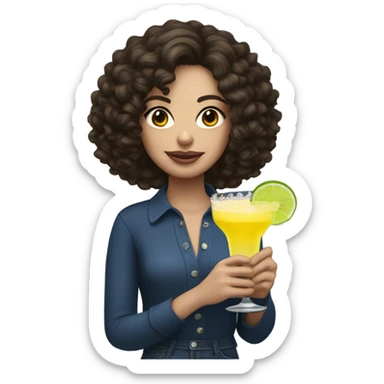 Curly hair, brunette with white skin holding a Margarita  sticker