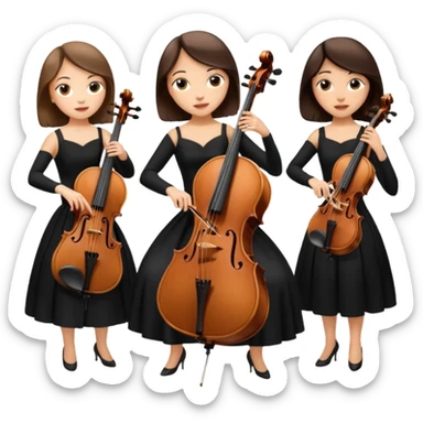 Create an imagine of three brunette women playing string instruments in black dresses, the first is playing a cello, the second is playing a viola and the third is playing the violin sticker