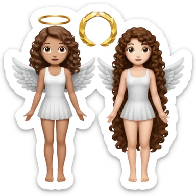 fake angel pose — long wavy brown hair tattooed woman and short tight curly brown hair woman — halo sparkle sticker