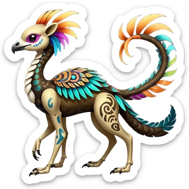 Rare realistic dark edgy glossy shiny tropical tribal patterned feathery skeletabadass epic pretty beautiful handsome gorgeous aesthetic colorful vibrant Vernid-Trico-species-Fakemon-creature by LiLaiRa, 4 legs, 1 tail, random markings, (full body) sticker