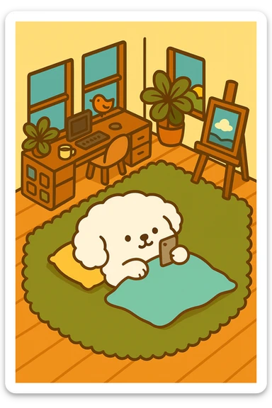 Place the character lying down on the green carpet in the living room, keeping the cute style and the original colors of both elements. sticker