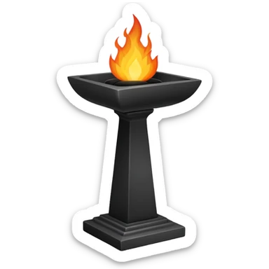 A minimalist stone pedestal with a tall rectangular base and a shallow black bowl on top, designed as a modern torch or brazier. Bright flames rise from the bowl sticker