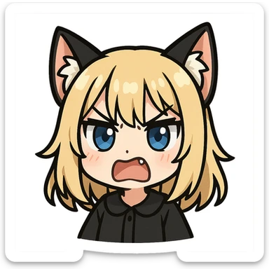 chibi anime catgirl with black and white cat ears, blonde hair, blue eyes, white skin, cute, angry expression, Twitch emote sticker