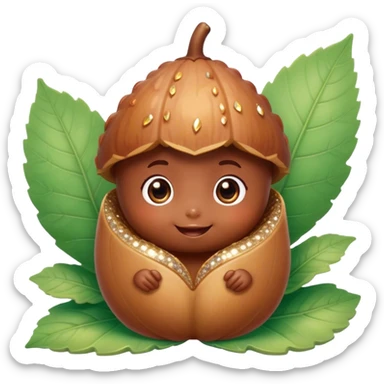 Cinematic tiny happy acorn, glossy brown, soft glowing highlights, tiny adorable face with big sparkly eyes, sitting on a pastel leaf, warm and cheerful. sticker