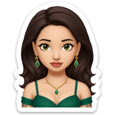 pretty bratz genmoji that looks like tamannah bhatia (bollywood actress), wearing a dark green sweetheart neckline top, dark brown hair, light makeup, no necklace, dangly earrings, side hair part, dark brown eyes, with tattoos sticker