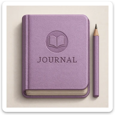 A journal icon in lilac, detailed and realistic, with a textured book cover and visible pages, giving it a lifelike appearance. sticker