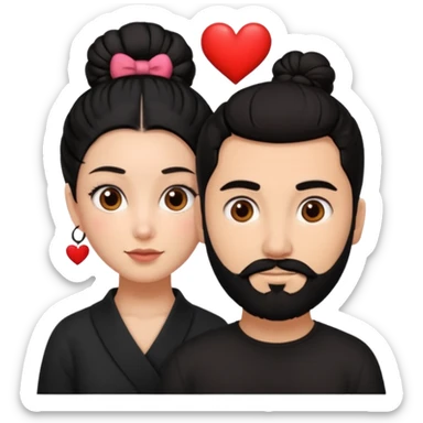 Create a woman with Brown eyes and black hair tied up in a bun and make a man next to her with brown eyes black hair and black beard and make hearts around them sticker