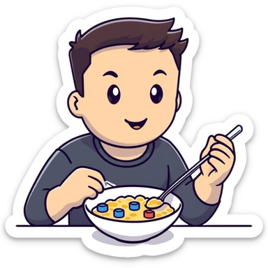 Elon Musk eating a bowl of cereal, tech entrepreneur with short dark hair enjoying breakfast sticker