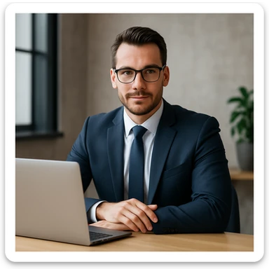 A 35-year-old male business coach sitting at a table with a laptop, professional and confident sticker
