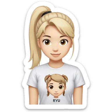 Beautiful girl smilling with big eyes, ponytail and "ryu" written on tshirt sticker