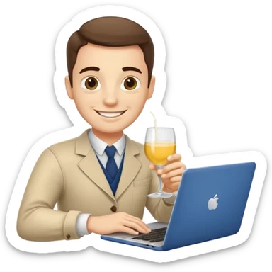 A friendly freelance character (male or neutral) working on a laptop while holding a glass of pastis/ricard (yellow drink with ice and lemon). The character should have a simple smiling face (no glasses), and should look energetic and creative. sticker