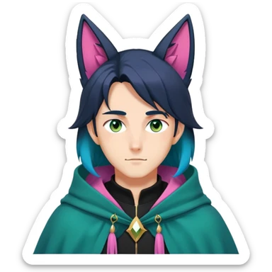 anime man with straight long dark-blueish-black-gradient hair, long black fox ears with pink Scapha, hazel-gradient-brown-turquoise eyes, gold earring hanging from fox ear, dark-blue-sweater, green cape,  sticker